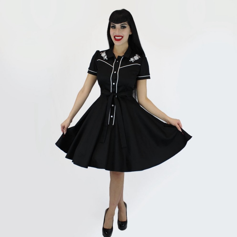 Black Dress with White Rose Embroidery Vintage Rockabilly Western Countr…